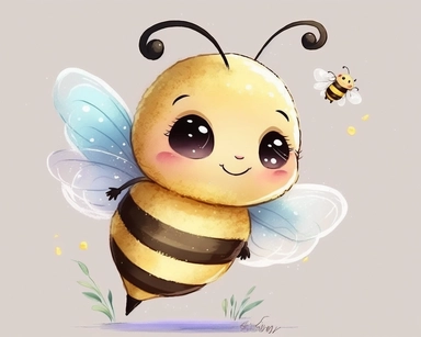 cute bee drawing for clipart, bee is the focal point in a white background, bee is smiling and has two antenna, he is flying through the air by himself, nursery watercolor, in the style of watercolor painting, white background, charming anime characters, cute and colorful, depiction of animals, high quality--seed 4107006010