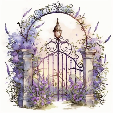 Provence floral spring, Watercolor, Clipart, no background, Mistirious, Wrought iron garden gate with lavender wreath