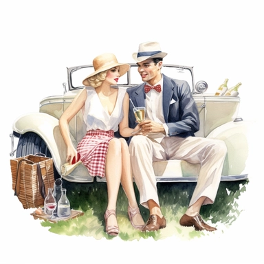A couple dressed in elegant retro attire, sipping champagne and sharing a picnic on a checkerboard blanket in the backseat of a beautifully restored classic American convertible, extremely-detailed, high quality, clipart, watercolor, white background