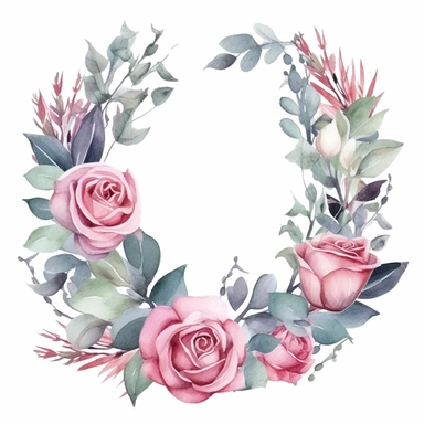 A romantic wreath composed of soft watercolor roses and eucalyptus leaves, perfect for wedding or anniversary-themed designs watercolor art style clip art