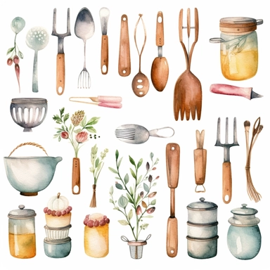 Watercolor kitchen utensils clipart for bakery decoration white background