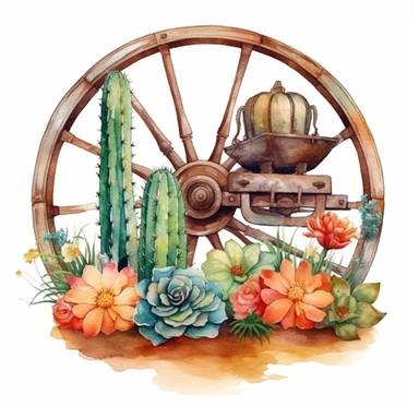 Develop a striking watercolor clipart illustration on a white isolated background vector, featuring a beautifully painted wagon wheel adorned with colorful flowers, with a pair of elegant cowboy boots resting against it and a horseshoe and cactus completing the Western scene. Emulate the artistic style of Frank Eber, a renowned watercolor artist known for his masterful handling of light and atmosphere, to create a composition that captures the essence of the desert landscape and the delicate bea