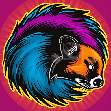 a vector style clip art image badge of a skunk mascot : bold outlines : vibrant colors : magenta and blue and purple and yellow and orange : black outlines : detailed, adobe illustrator style, vector style t-shirt graphic