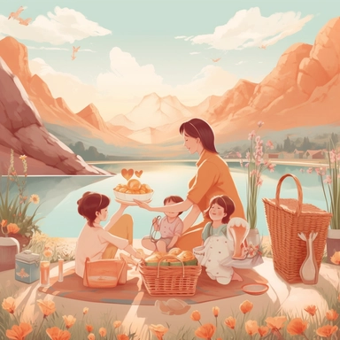 Mother's day clipart featuring a mother and her children on a picnic, surrounded by a scenic landscape of mountains and a lake, with a basket of delicious food and drinks, portraying the love and bond between them, 3D rendering, using soft lighting and a warm color palette to create a cozy and inviting atmosphere, using soft pastel colors and light brush strokes to create a dreamy effect, solid white background