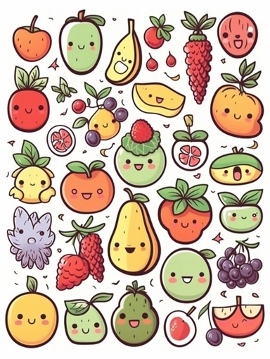 Kawaii doodles clipart set with white background, fruits, cute and adorable, flat design, clearly defined separated image, high quality
