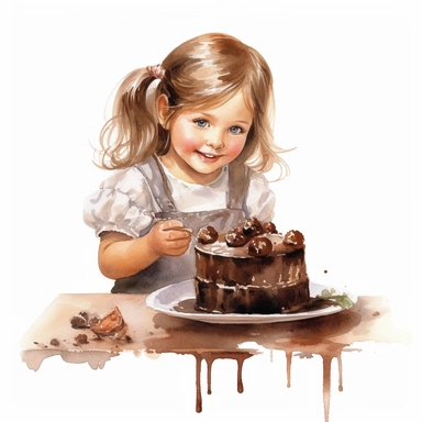 adorable cute vintage little girl eating chocolate cake, watercolor clipart, high quality clipart, no background , high details