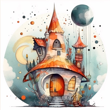 creepy mushroom house with crescent moon and stars clipart, fantasy, detailed, white background, illustration painting, collaged constructions, digital art, watercolor, in the style of sculptural and geometric, forced perspective drawings, Geometric brushstrokes form an intriguingly abstract, painterly figure, Pablo Picasso, Wassily Kandinsky,