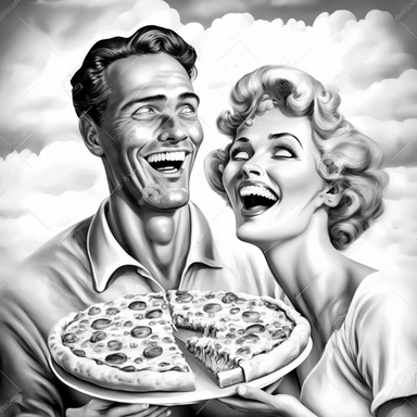 a egocentric and euphoric couple laughing hard, eating pizza, looking to the camera,realistic photo in style of 1950`s, black and white clipart