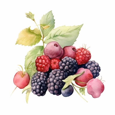 watercolor pile of summer berries, naturalist aesthetic, subtle muted colors, clipart, white background, french 75