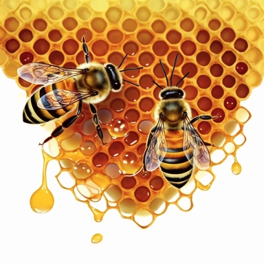 create image of homeybee on a honey dripping bee hive, clipart on white background