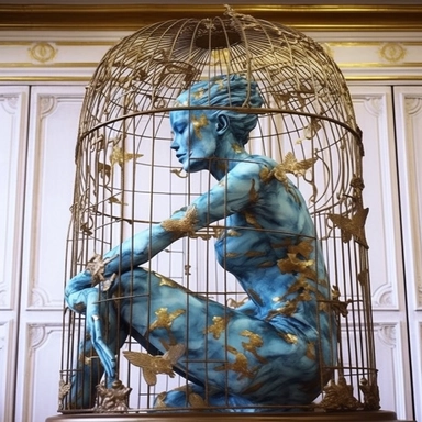 full length full figure marble portrait A woman once sat in a gilded cage, Her spirit blue, her heart filled with rage, For she longed to soar, to fly and be free, To unleash her creativity for all to see. But she was bound, her wings clipped tight, And though she fought with all her might, The bars of her cage held her in, And she felt like she would never win. So she retreated into her mind, Where her thoughts and dreams intertwined, And she created a world that was all her own, A place where 