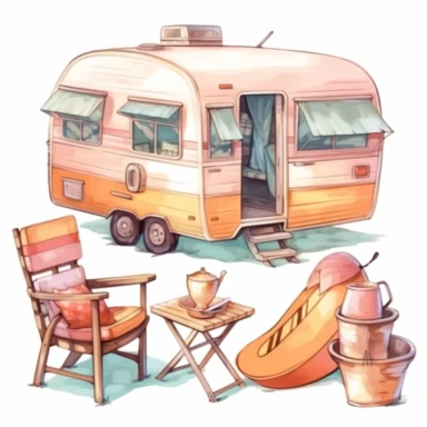 camping style cute caravan in the campground with watercolor effect,sunrise view,camping tools,camping chairs and table,caravan pengola,forest landscape,suitable for digital clipart,white background Clipart ,Cartoon,hyper realistic, intricate detail, illustration style,high solution,on the white background