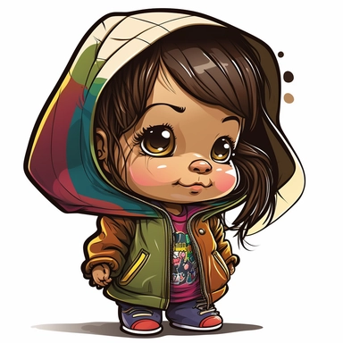 beautiful baby girl, 1 year old, brown hair, happy, friendly looking, colorful, illustration, clipart, wearing a wearing a white hoodie, in the style of 90s comic books
