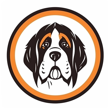 logo, St Bernard dog , head, facing front, cute, circle frame, cartoon clipart, vector, bold line, white isolated background, high definition