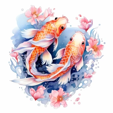 Fantasy floral Koi Fishes Clipart, Watercolor Cartoon, hyper realistic, intricate detail, illustration style, high resolution, on the white background