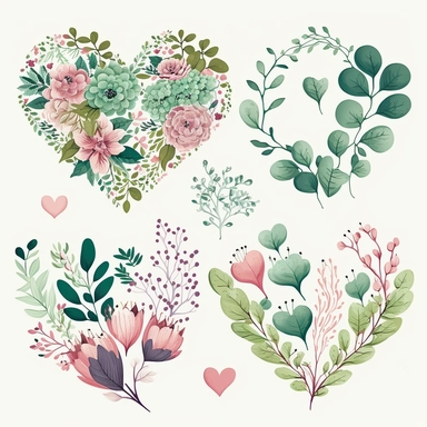 green and pink Floral Hearts Clipart, flower heart Valentine illustrations,white background