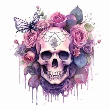 skeleton with pink hair, gothic, flowers, spiders, watercolor, clipart elements, smooth gradients, black contour outline, ultra detailed, white background, super clear, high quality