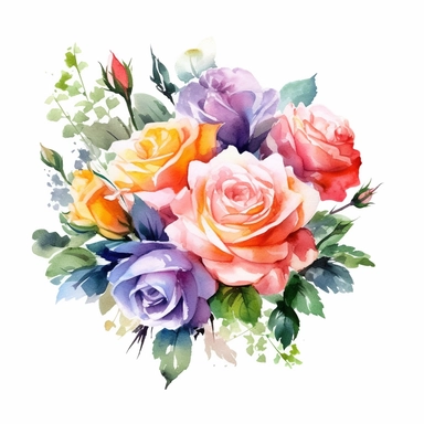 watercolor painted bouquet of mixed colored roses clipart, Flower Border clipart, Minimalist Flower Bouquet clipart, mixed colored roses Clipart roses painting formal glamour elegant style wedding floral bouquet, wedding clipart include babys breath flowers in the bouquet 4
