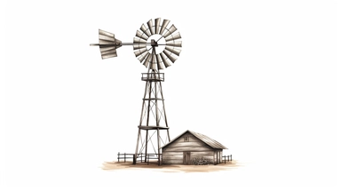 Envision a classic western windmill, standing alone against a stark white background. The windmill is a symbol of the old west, with its wooden structure and spinning blades. The medium is a clipart style, with clean lines and a minimalist aesthetic. The style is reminiscent of vintage western illustrations, with a focus on the iconic silhouette of the windmill. The lighting is neutral, with the white background providing a stark contrast to the dark outline of the windmill. The colors are monoc