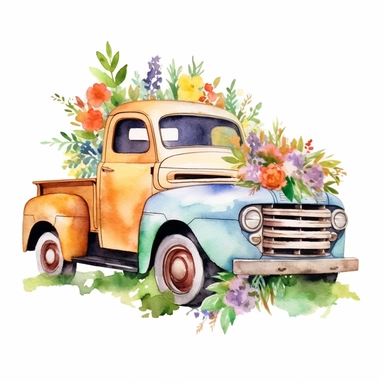 Watercolor Flower Truck Clipart Floral Truck Vintage Truck Clipart Junk Journal Farmhouse Clipart Floral Truck watercolor floral in bonnet or back with base grass rusty good color vehivles and colorful florals