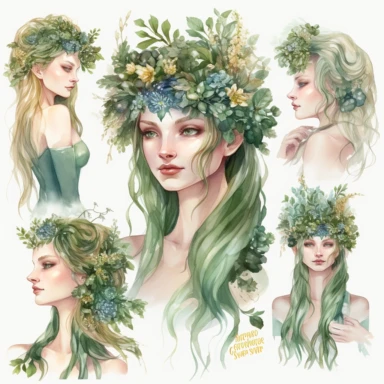 watercolour clipart of beautiful high elven princess, detailed character illustrations, fantasy illustration, elven jewellry, elven ears, multilayered realism, goblincore, delicate flowers, forest greenery, enchanted, pretty, majestic, magical, detailed, face only, different poses, UHD, 8K, 3D, solid white background