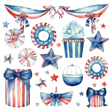 watercolor 4th of july patriotic decorations, illustrations clipart set, simple, , cartoon elements , bunting, ribbon elements, door wreaths, different variants , separate elements with a margin