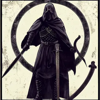 medieval character concept, black cloaked mercenary wielding a two handed sword, representing death, png, png cut out, dark blacks, intricate detail, symmetrical design clipart,