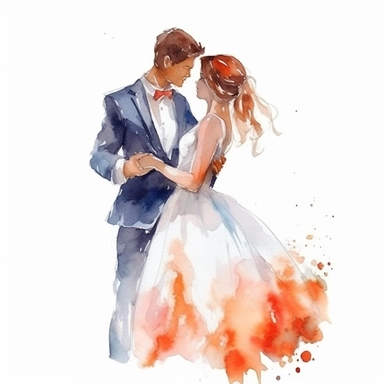 Artistic cute wedding illustrations clipart, newlyweds, on a white background, vibrant color watercolors, husband and wife on their wedding day, love, realistic watercolor painting style