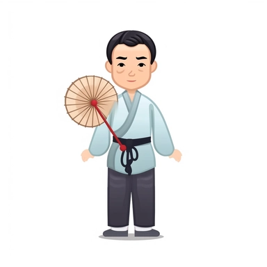 Create a clipart of a middle-aged Chinese man wearing traditional clothing, including a mandarin collar shirt and flowing pants. Show him with a calm and wise expression, holding a fan in one hand and chopsticks in the other. Make sure to include details such as his hair tied in a bun or ponytail and perhaps a small bamboo hat. The overall design should be simple yet elegant, capturing the essence of Chinese culture and tradition. Use bright colors and clean lines to bring the clipart to life.