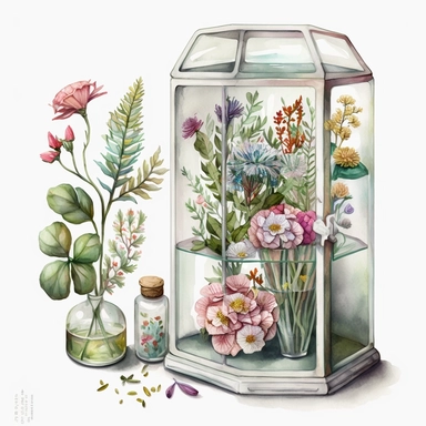 ULTRA QUALITY DETAILS, a glass cabinet with glass containers, flowers, botanical precision, watercolor, clipart