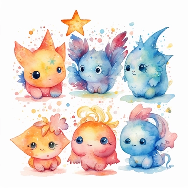 watercolor clipart of 5 cute little fantasy creatures with different features and from different perspectives, vibrant pastel colors, stars, magical, mystical, high quality watercolor image on white background