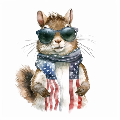 an Eastern gray squirrel with woodland tree, American flag scarf and sunglasses, watercolor style, anime-inspired character designs, realistic animal illustrations, 2d game art, quadratura, clipart, on white background,