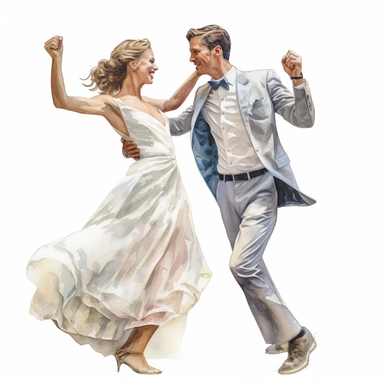 watercolor, hyper realistic, white background, white margins, 16k, ultra detailed clipart, cut out image, hand-drawn, whimsical a groom and bride doing a fun and playful dance, with their hands clasped and their feet tapping to the beat. ultra HD, clean and sharp art