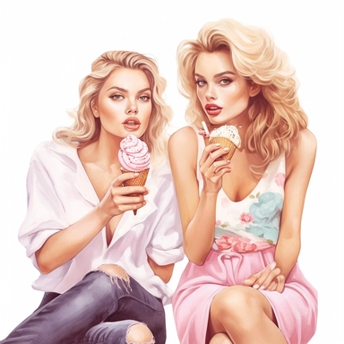 beauty girls eating ice creams on a party digital clipart on white background