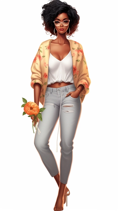 ultra detailed Black Girl Self Love Clipart, solid white background, cozy outfit, beautiful, super cute , super hot, full body shot, self love, floral, relaxed pose, with win glass, thick , contour, PHOTOREALISM, by ANIMATION
