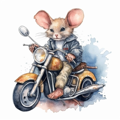 mouse riding on harley davidson , motorcycle gang outfit, handpainted,watercolor, vector, clipart, clean white background
