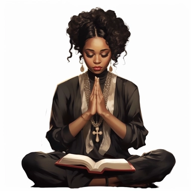 A beautiful black woman fashionista with praying on her knees with the bible next to her, in the style of Jennie Jenkins, feminine, chic, elegant, posing, with a macro lens, clip art seed,