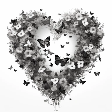 clipart style image of a hollow heart shape made up of flowers and butterflies. all in black and white on a white background.