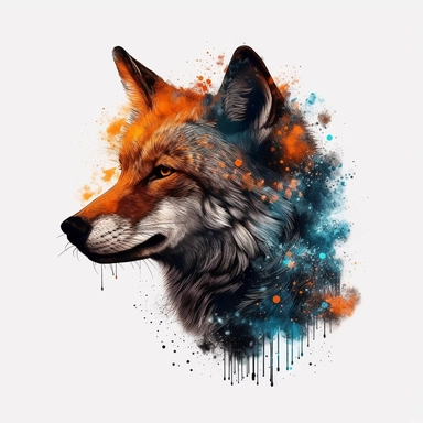 (wolf head clip art from side view, water color paint, galaxy wolf, tattoo, vintage head, clipart clipart, black and white, in the style of dark sky-blue and light amber, dark orange and dark magenta, uhd image, large canvas sizes, goosepunk, layered stencil work, light yellow and dark aquamarine) without watermarks white background