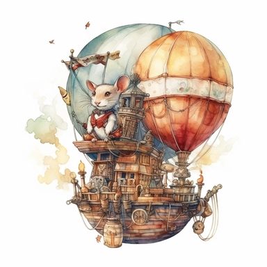 A pair of inventive mice constructing a fantastical airship, complete with propellers and a hot air balloon, ready to take off on an exciting adventure. Watercolor clipart in HD on a white background.