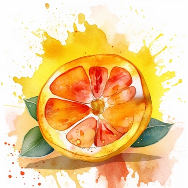 A captivating watercolor clipart-style illustration of a Limonia Acidissima fruit being cut, featuring a striking color palette of vibrant yellows with subtle hints of orange and red. This unique clipart illustration beautifully captures the moment of slicing through the Limonia Acidissima fruit, showcasing its rounded shape, textured skin, and inviting hues in a visually captivating manner. The watercolor technique brings a soft and organic quality to the illustration, enhancing the natural bea