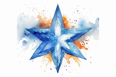 Watercolor, Craft a blue-white star, blazing with intense heat and radiating a piercing light clipart, hd, on a white background, spaced out