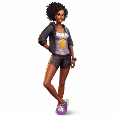 beautiful black teenage girl with beautiful flowing short hair, dressed in fitness attire. Full perspective and, long shot A young black woman with full lips and a big beautiful smile, dressed in a jogger, has short flowing hair and beautiful shapely legs, wearing sneakers, clipart in the style of digital airbrushing, feminine sticker art, dollcore, realistic face, realistic body, glamorous,