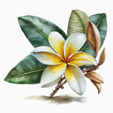 watercolour painting of a single Frangipani flower and two leaves, clipart, white background, realistic