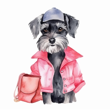 An adorable watercolor clipart of a Doggy Diva wearing a fashionable outfit, black Miniature Schnauzer