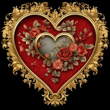 large decrative heart with gold embossed detail, surrounded by red roses, beautiful detailed artistic clipart border