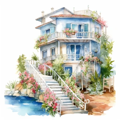 Watercolor ocean seascape cottage garden with stairs and the balcony clipart, white background