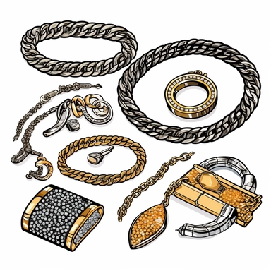 clipart neo tradional elements, expensive gold and diamond gaudy cuban chain necklaces, bracelets, rings, earrings by cartier tiffany pandora Inspired clothing clipart vector isolated on a white background, rapcore