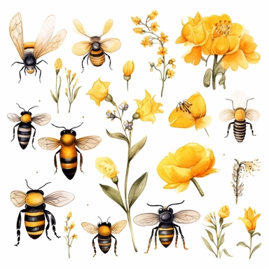 Watercolor bee clipart bundle ,Cute bee costume, Garden and flowers illustrations, Honey drips, white background