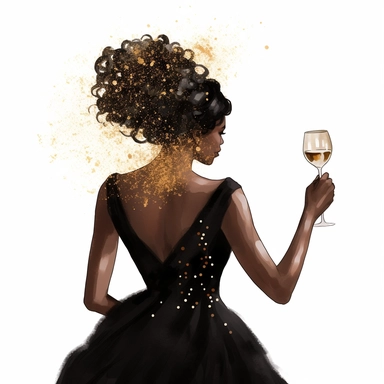 view from the back, an african woman, dancing, wearing a black dress, sparkly hair holding a wine glass, art clipart